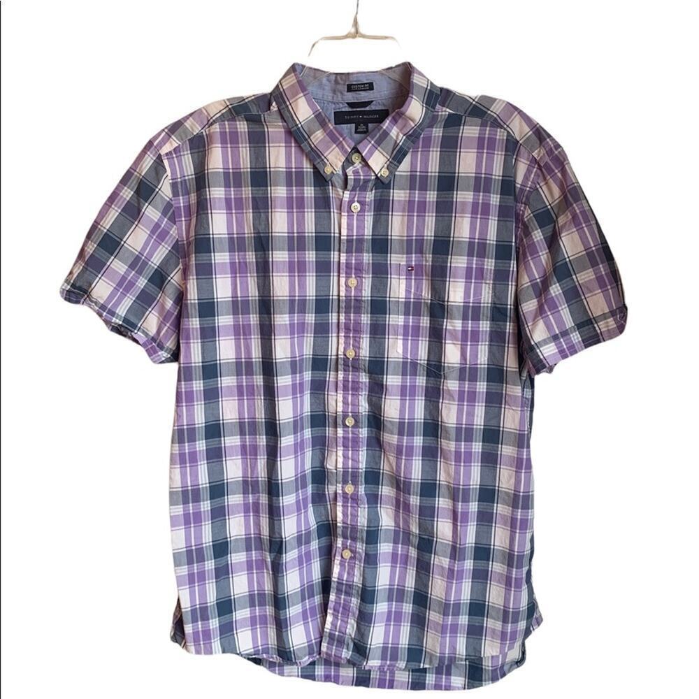 TOMMY HILFIGER Men’s Custom Fit Purple/Blue Plaid Short Sleeve Shirt / Size: XL